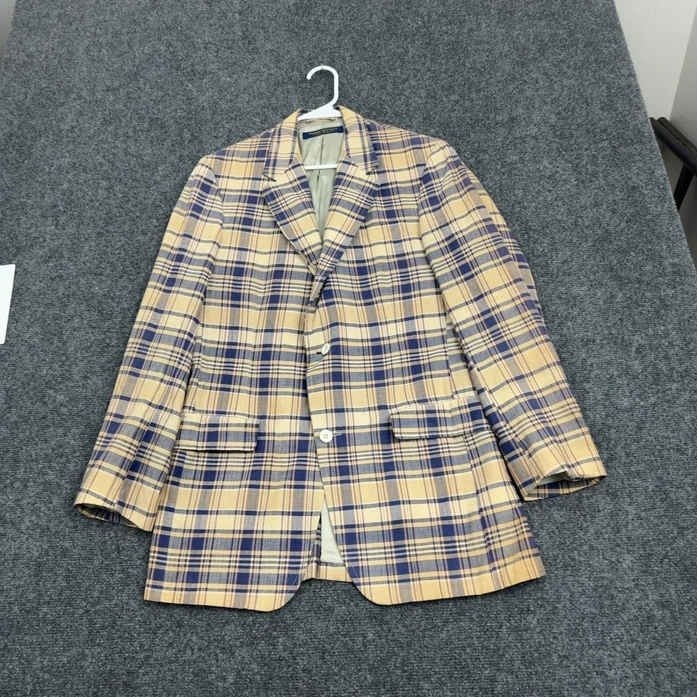 Vintage Brooks Brothers Blazer Mens 20.25x31 Tan Blue Plaid Sport Coat Preppy